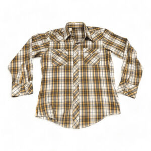Vintage Western Shirt Adult MEDIUM Yellow Brown Plaid Pearl Snap Cowboy 70s
